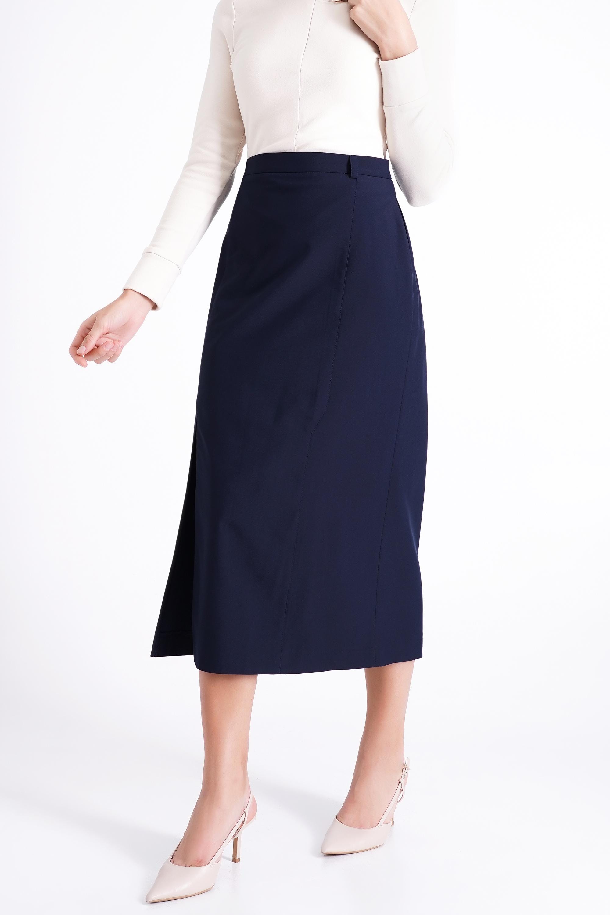 Midi Skirt With Slit, Navy High Waist Skirt Women, A-line