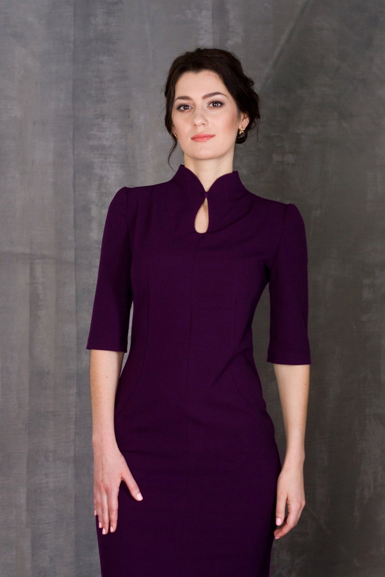 Purple mandarin collar dress midi, Elegant cocktail dress Special occasion dresses High neck wedding guest dress, Modern cheongsam