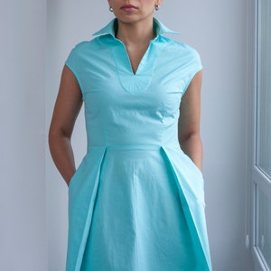 Stand-up collar shirt dress for women, Turquoise Blue pleated mini dress, Casual summer dress, Casual day dress Smart casual dress