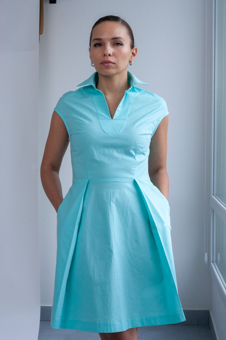 Stand-up collar shirt dress for women, Turquoise Blue pleated mini dress, Casual summer dress, Casual day dress Smart casual dress