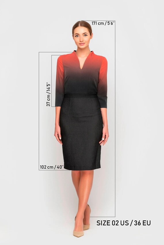 Ombre Midi Dress, Sunset Gradient Dress Midi, Cocktail Wedding Guest Dress Coral Formal Dress, Unique Corporate Office Party Dress TAVROVSKA