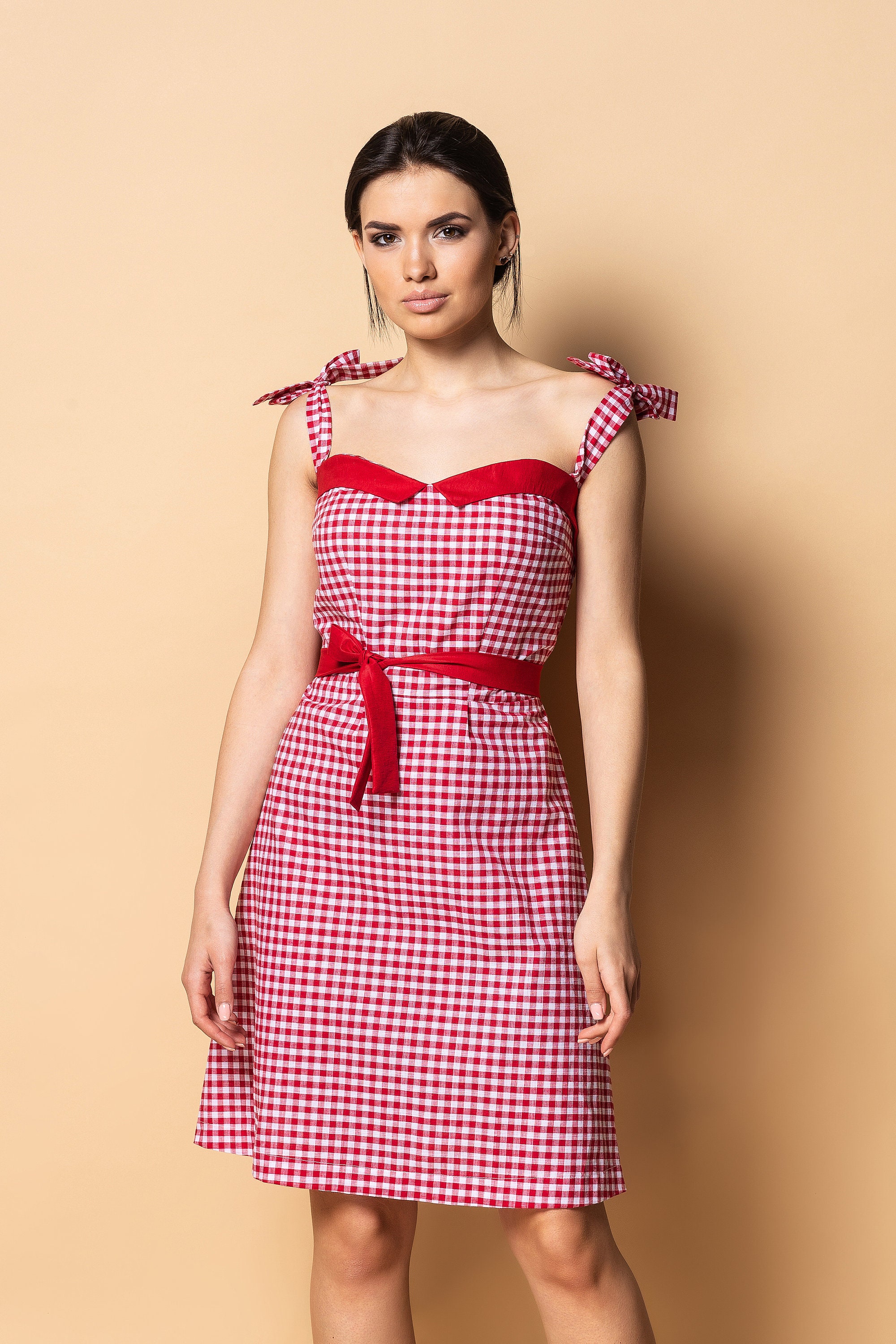 Plaid Peasant Sundress 50s Rockabilly Red Cotton Summer Etsy