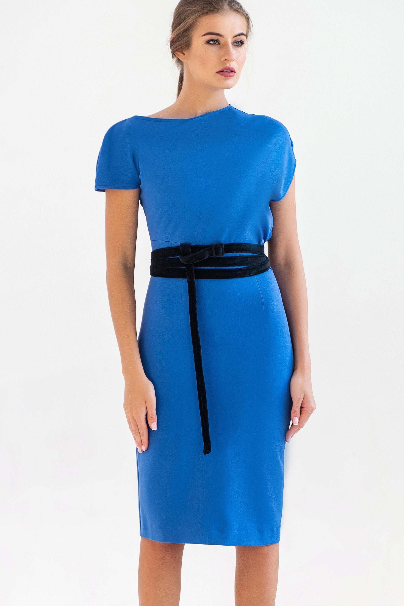 Asymmetrical Designer Blouson Pencil Dress Cobalt Blue Midi - Etsy