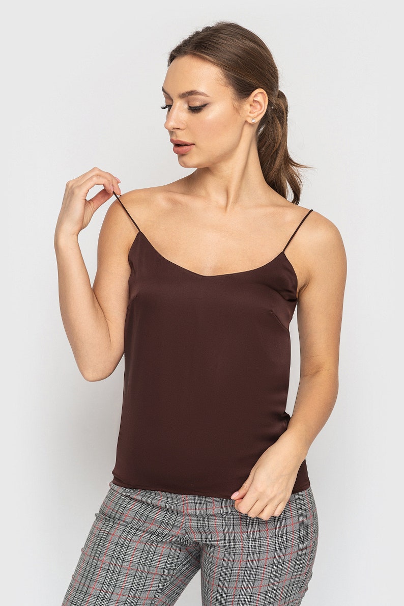 Camisole brown slip top, Silk satin tops for women, Bridesmaid Cami Spaghetti strap top, Cocktail tank top TAVROVSKA image 4