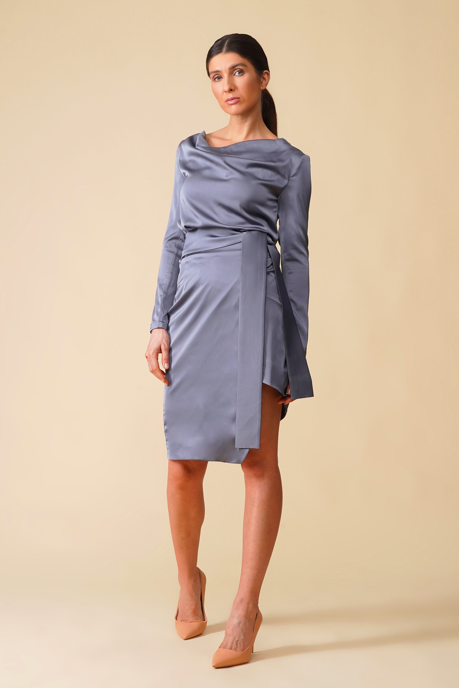 Cowl Neck Long Sleeve Satin Dress Cocktail Wrap Midi Wedding - Etsy