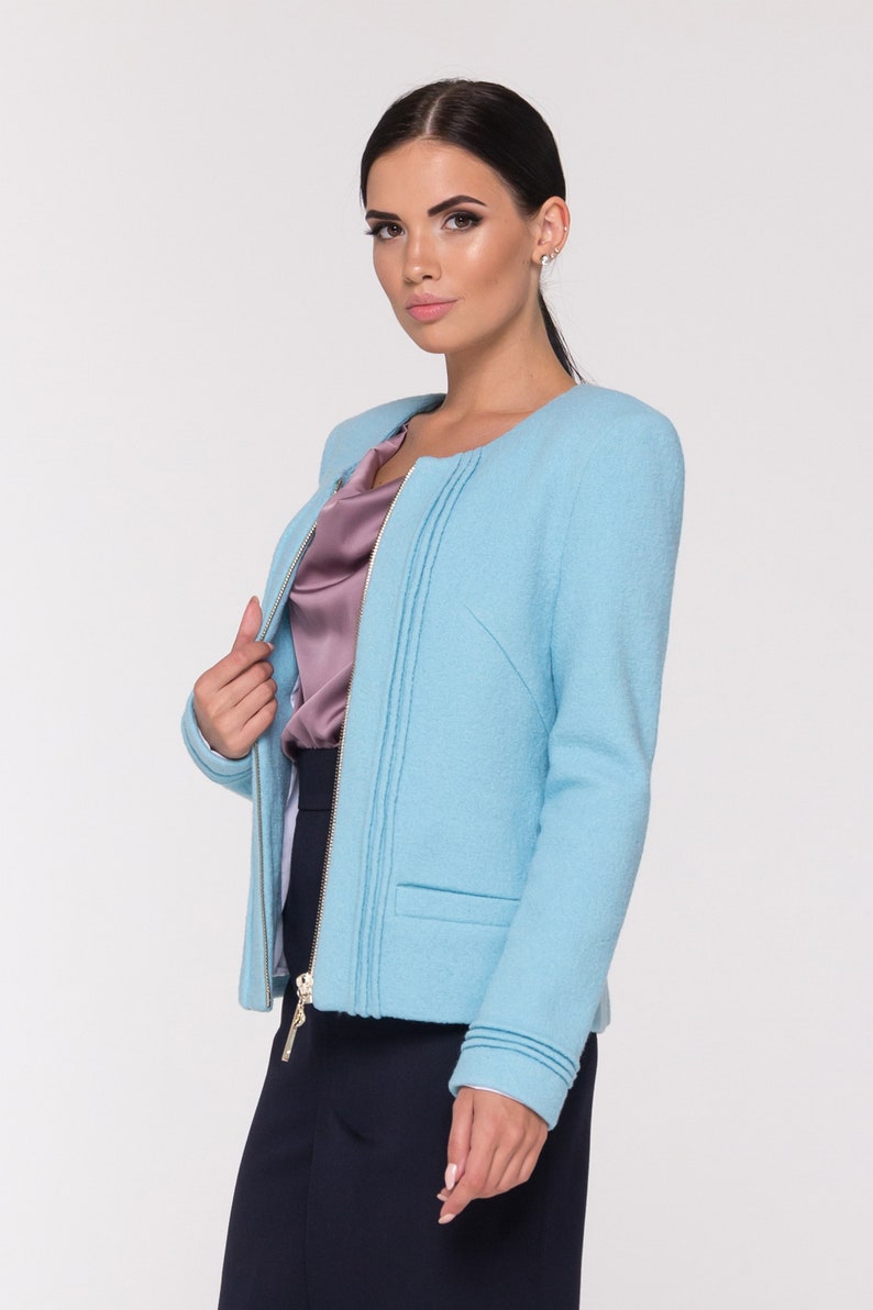 Blue wool zipup jacket for women Short wool coat jackets Etsy