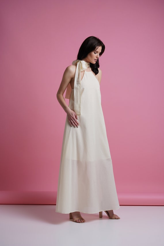 White Cotton Halter Maxi Dress summer, Sleeveless Tie Neck Sundress White Cotton Halter Maxi Dress summer, Sleeveless Tie Neck Sundress