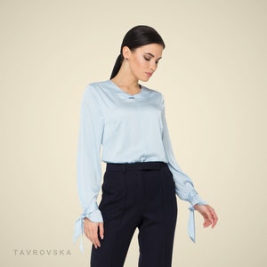 Long sleeve Satin womens blouse, Blue Silk satin womens tops blouses, Scoop neck secretary blouse TAVROVSKA