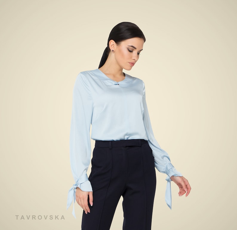 LAST SIZE 02 Us (36 Eu) Long sleeve Satin womens blouse, Blue Silk satin womens tops blouses, Scoop neck secretary blouse TAVROVSKA image 1