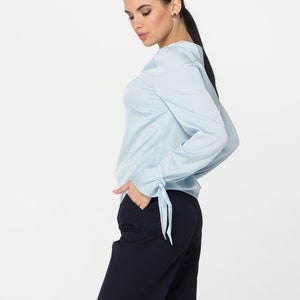LAST SIZE 02 Us (36 Eu) Long sleeve Satin womens blouse, Blue Silk satin womens tops blouses, Scoop neck secretary blouse TAVROVSKA image 2