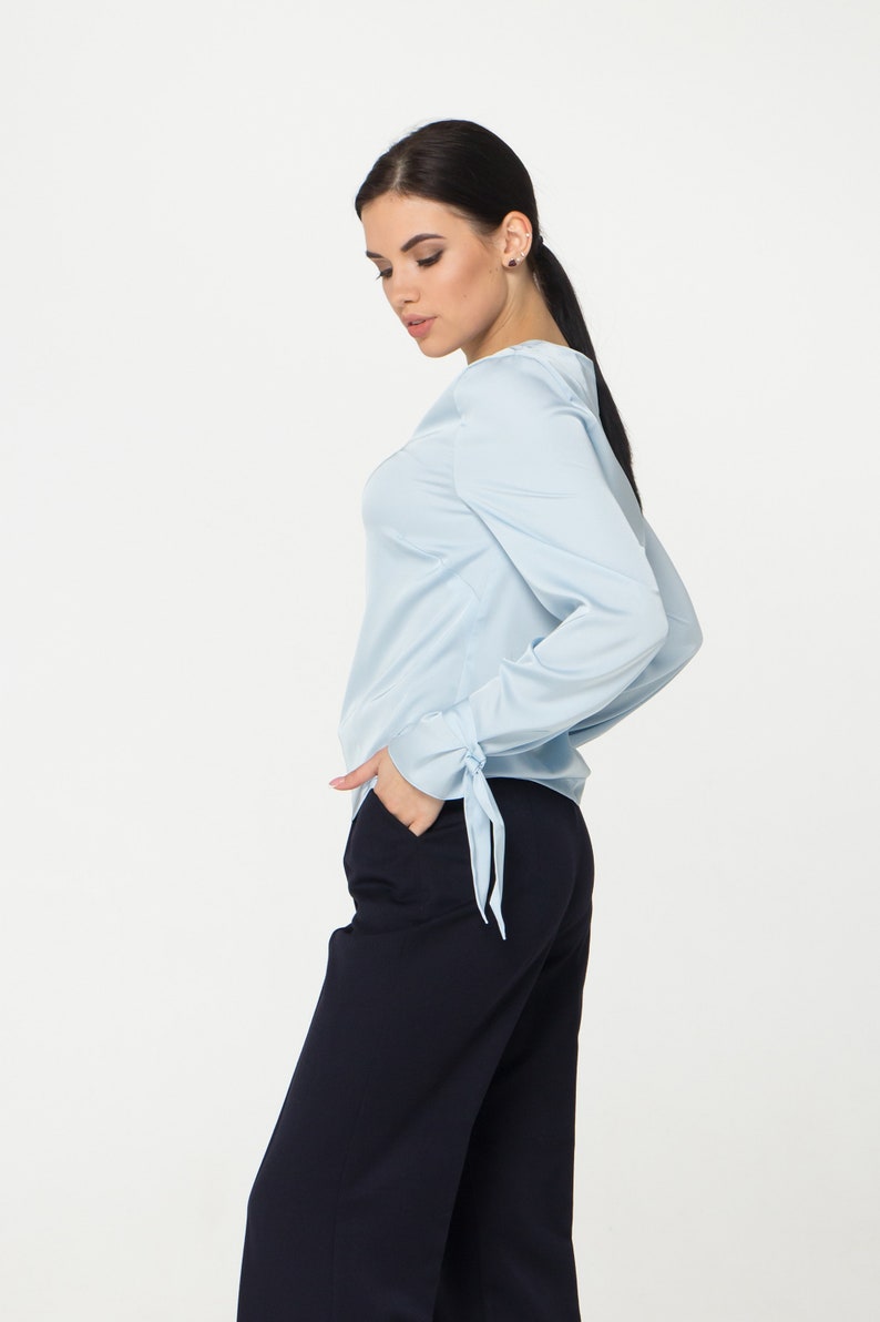 LAST SIZE 02 Us (36 Eu) Long sleeve Satin womens blouse, Blue Silk satin womens tops blouses, Scoop neck secretary blouse TAVROVSKA image 2
