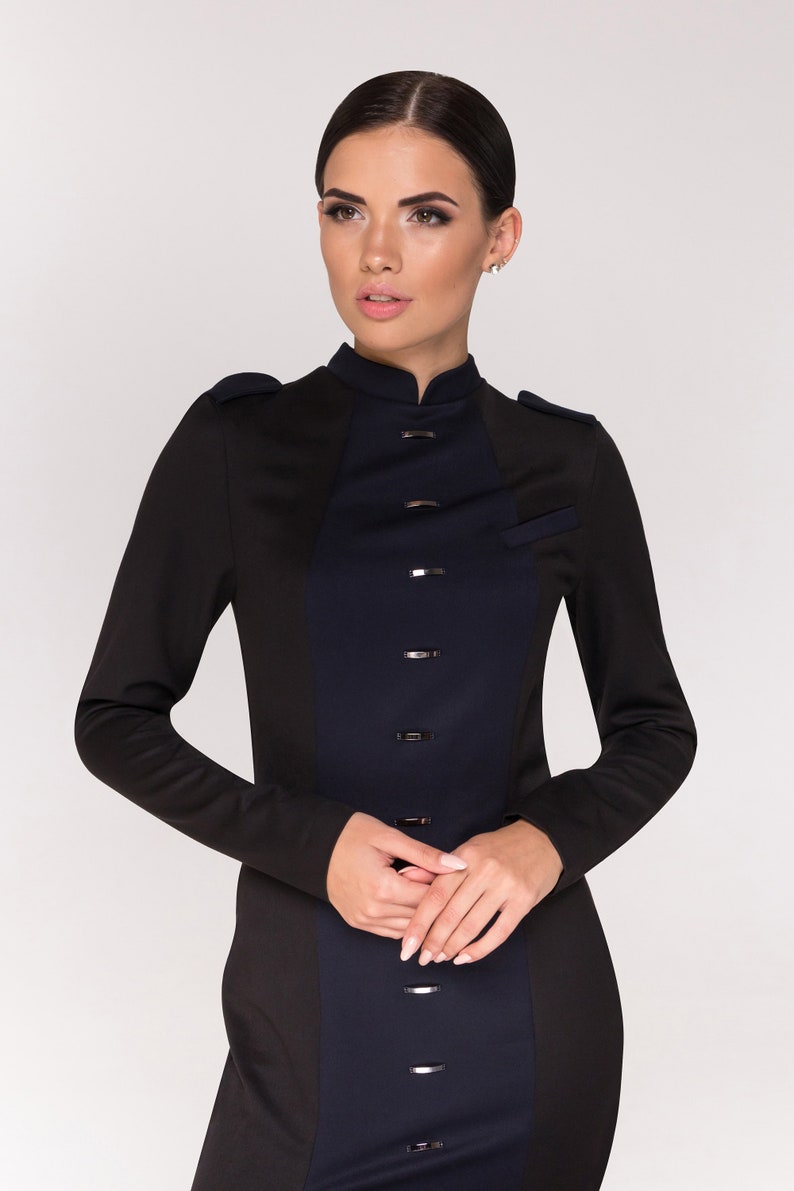 Black High Neck Military Dress Midi Cheongsam Stand Collar Etsy