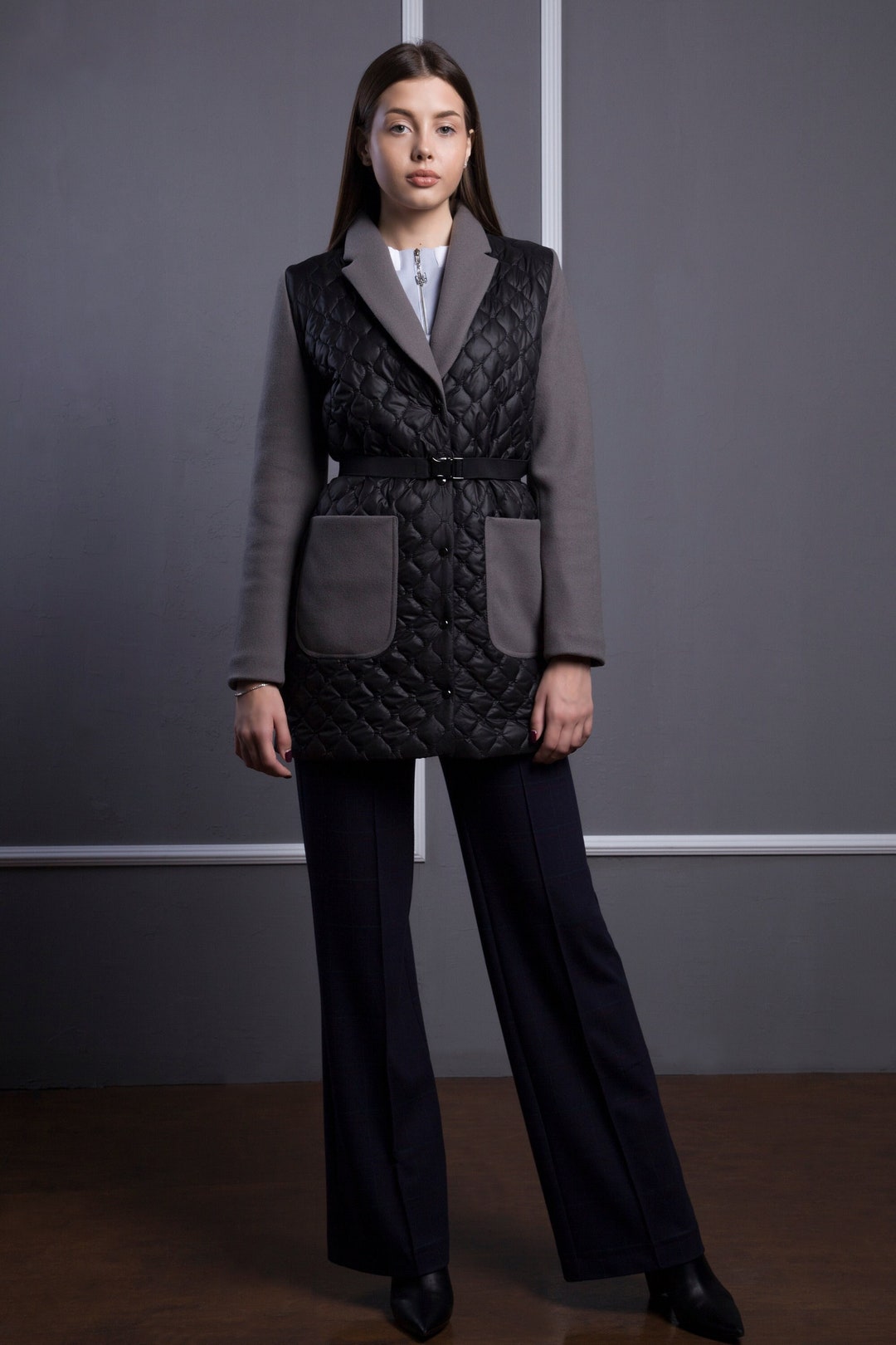 Coat Puffer Women, Winter Quilted Jacket, Collar Paddded Coat, Black Gray Belted Jacket, Duvet ...
