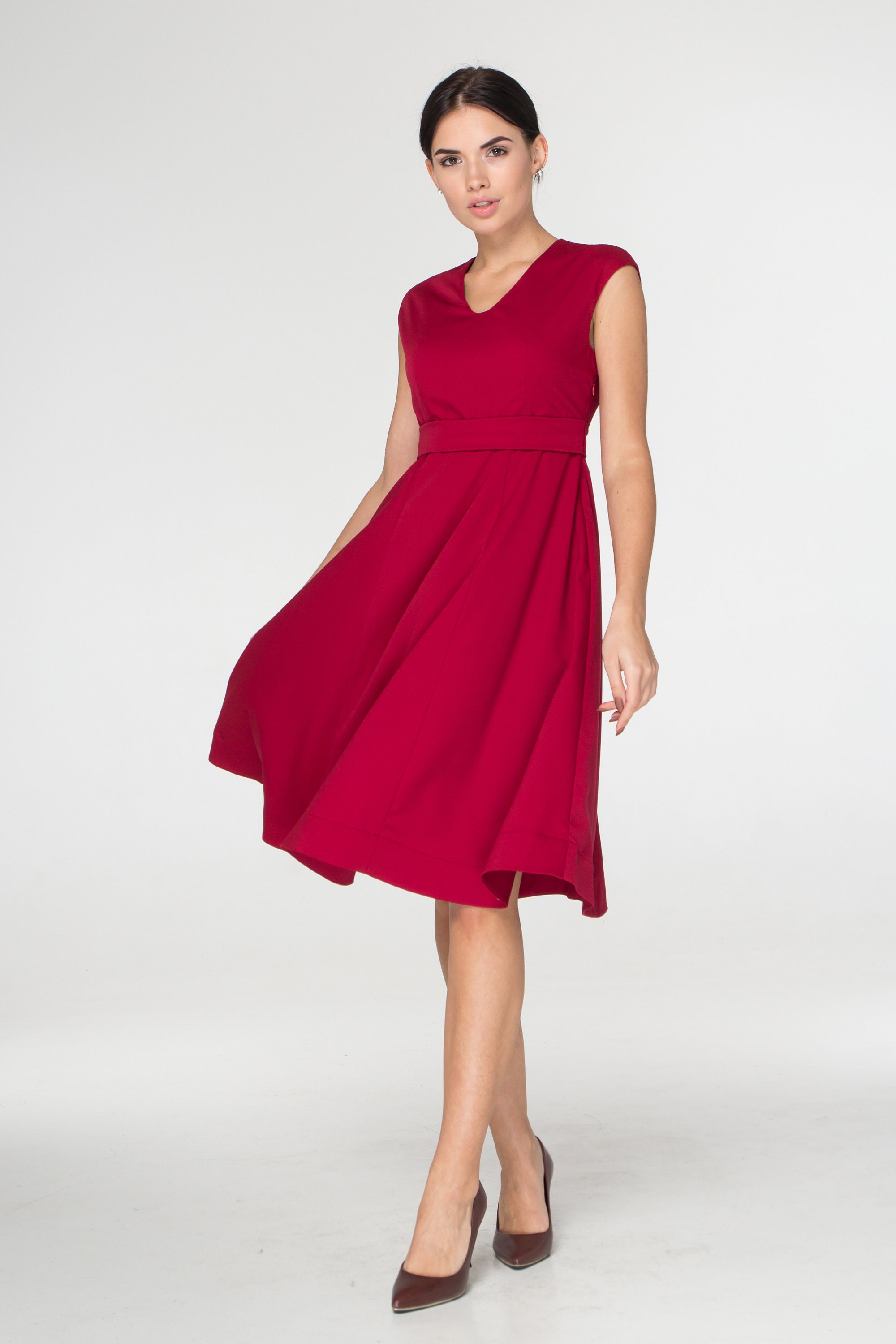 Red Cocktail Midi Dress, Fit and Flare, Wedding Guest Dress Red Cocktail Midi Dress, Fit and Flare, Wedding Guest Dress