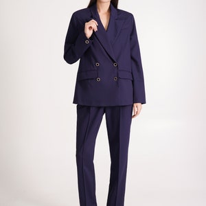 Navy pant suit women, Black dressy pant suit 3 piece set, Double-breasted Blazer and straight pants, Oversize jacket and pants