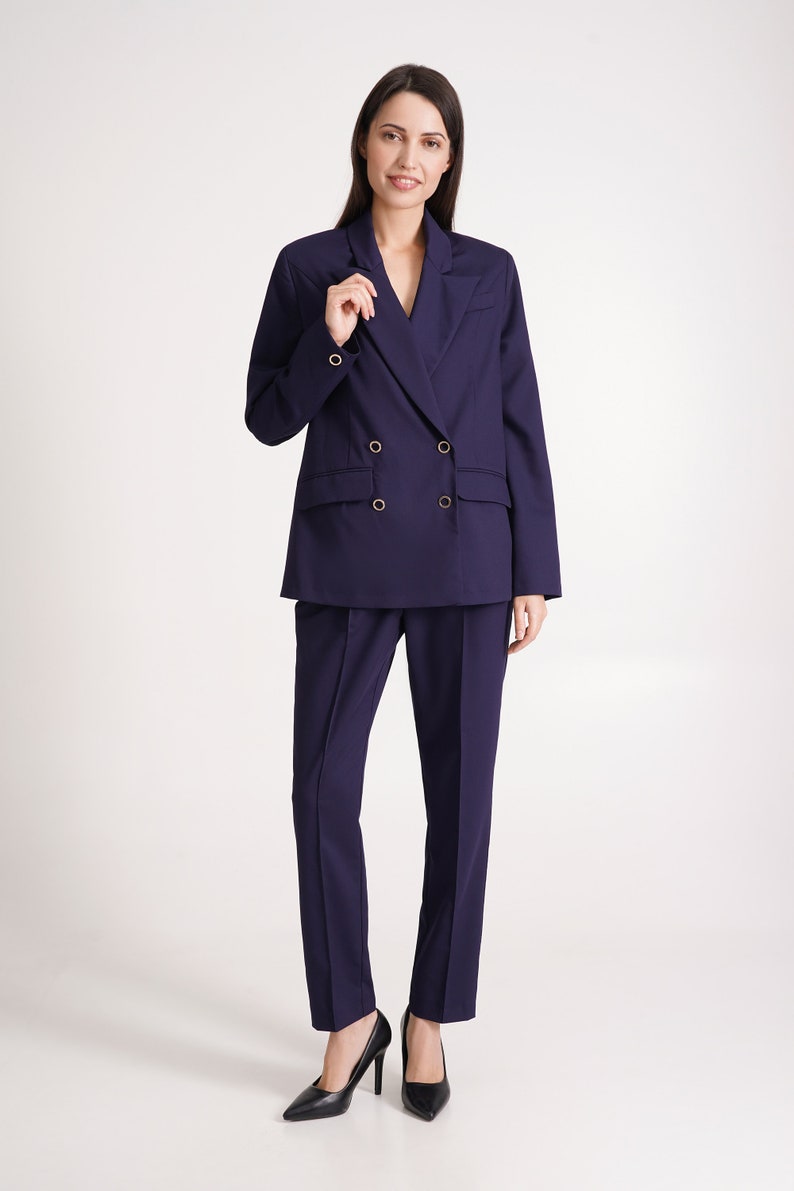 Navy pant suit women, Black dressy pant suit 3 piece set, Double-breasted Blazer and straight pants, Oversize jacket and pants