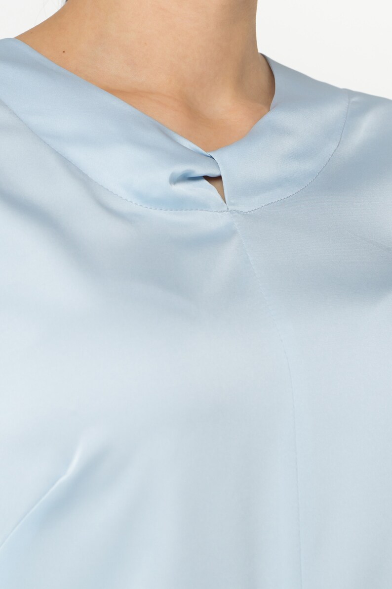 LAST SIZE 02 Us (36 Eu) Long sleeve Satin womens blouse, Blue Silk satin womens tops blouses, Scoop neck secretary blouse TAVROVSKA image 9