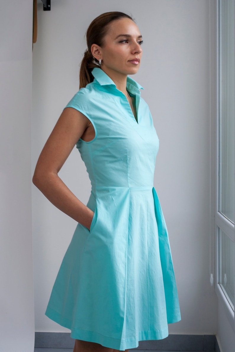 Stand-up collar shirt dress for women, Turquoise Blue pleated mini dress, Casual summer dress, Casual day dress Smart casual dress