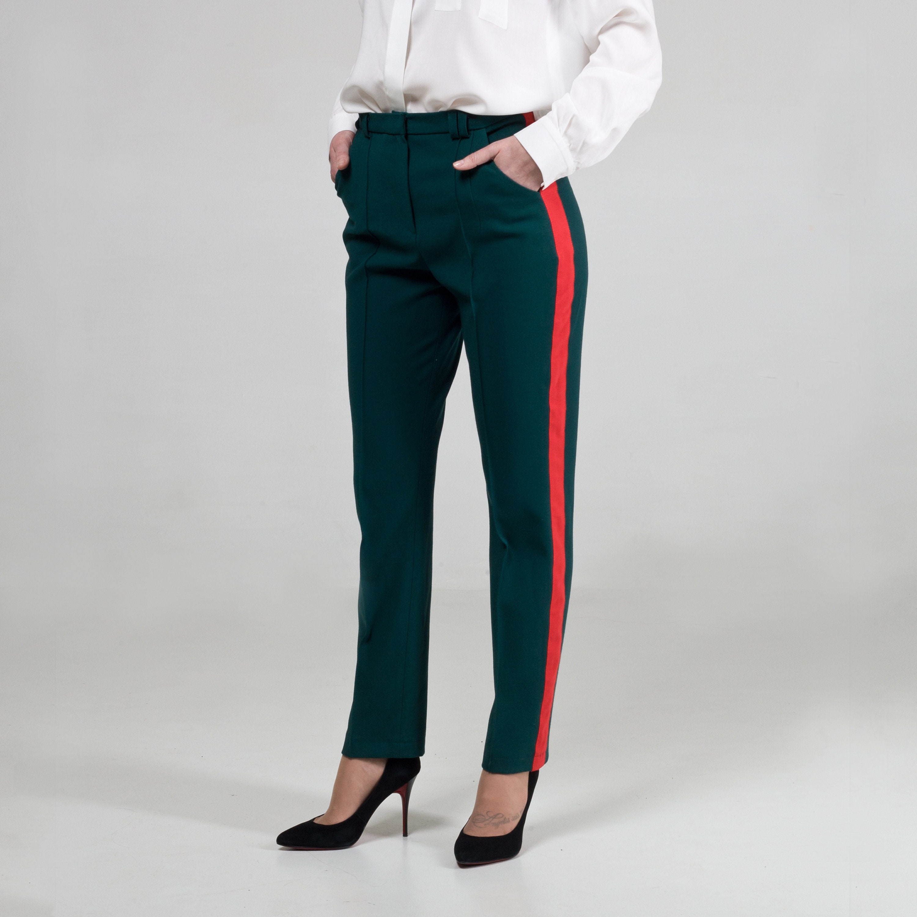 Shosho Womens Large Green With White & Red Side Stripe Track Pants