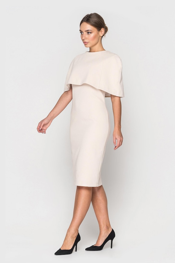 White Midi Cocktail Dress Removable Cape Elegant Wedding Guest Outfit Graduation Designer Minimalist bridal attiret semi formal Elopement White Midi Cocktail Dress Removable Cape Elegant Wedding Guest Outfit Graduation Designer Minimalist bridal attiret semi formal Elopement