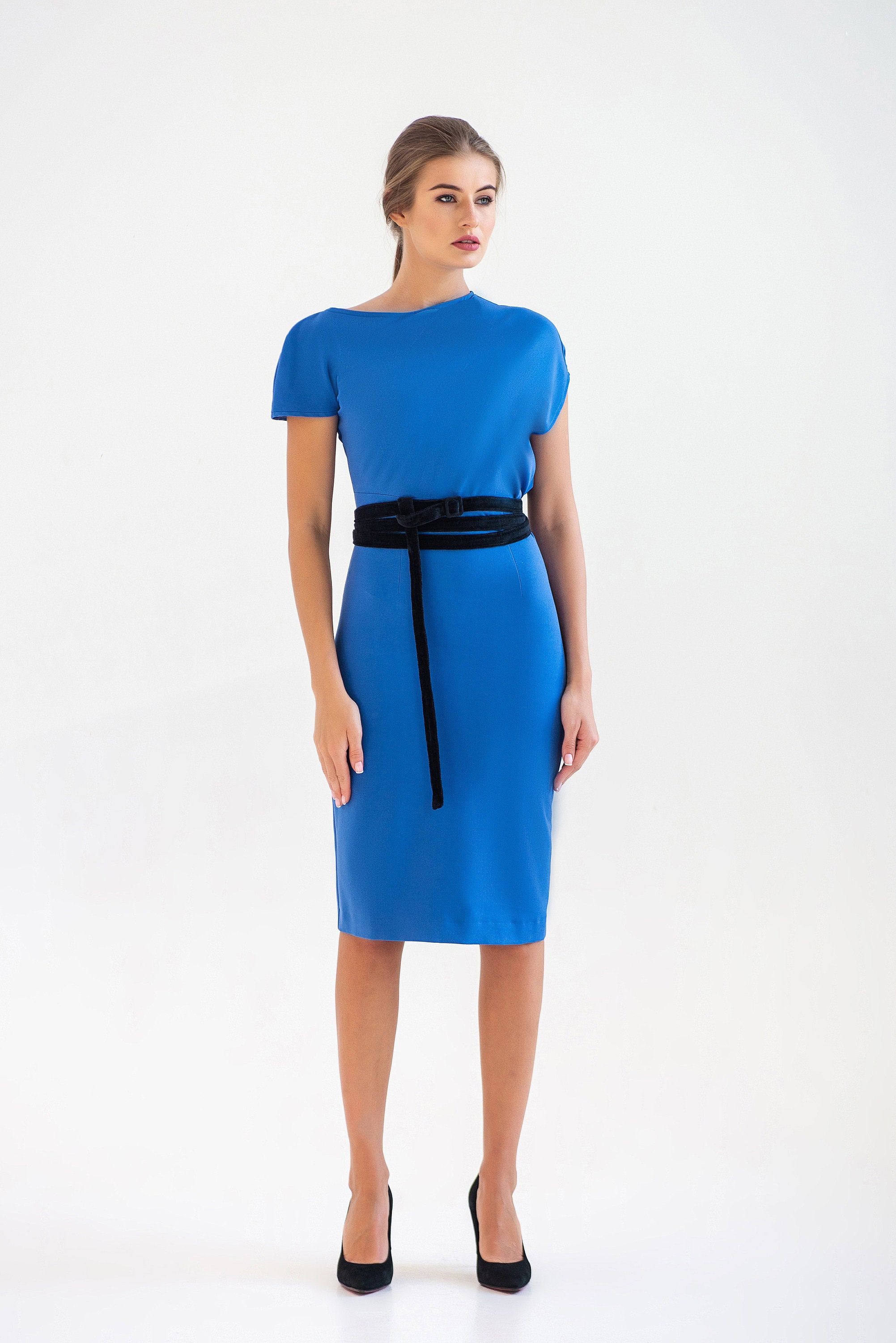 Asymmetrical Designer Blouson Pencil Dress Cobalt Blue Midi - Etsy