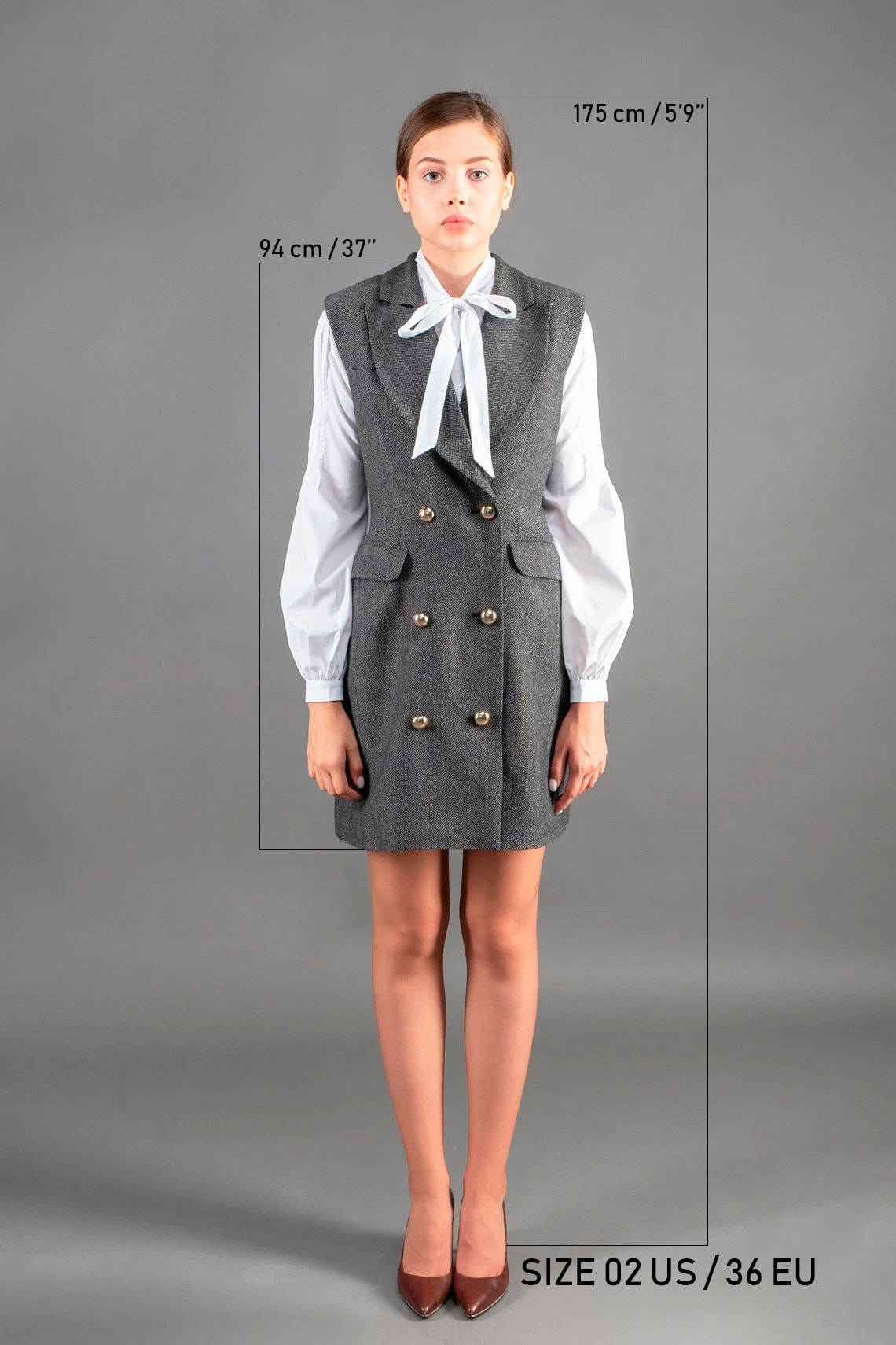 Herringbone Sleeveless Blazer Dress, Dark Gray Vest With Golden