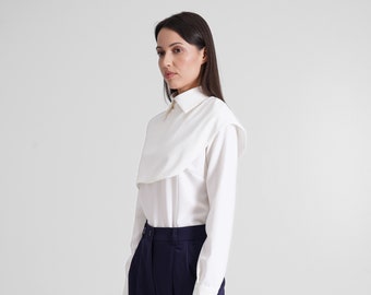 White High Neck Blouses For Women, Elegant Blouse Long Sleeve, Collared Blouse For Work, Cape blouse office Modern business attire TAVROVSKA