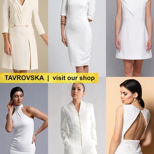 Asymmetrical white cocktail dress, Little white dress, Minimalist wedding dress, Draped midi dress Wedding guest dresses for women TAVROVSKA image 8