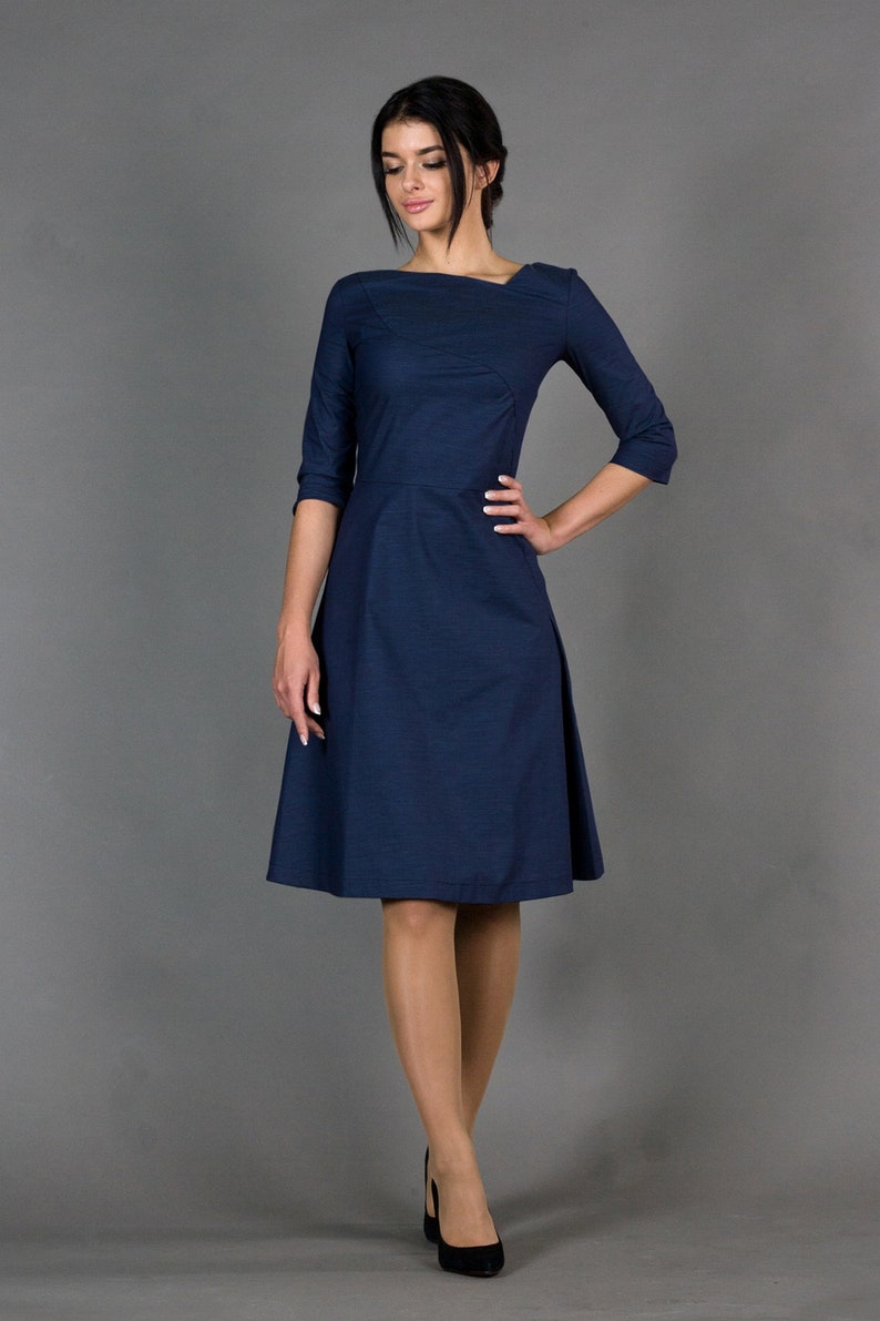 Robe de cocktail bleue, robes de soirée simples pour femmes, robe patineuse décontractée pour bureau d'affaires, robe ajustée et évasée de demoiselle d'honneur modeste TAVROVSKA image 3