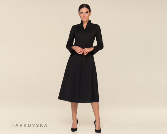 black cocktail dress with sleeves Elegant Midi | Mandarin Collar this dress boasts a flattering silhouette with a sleek Black Long Sleeve Dresses |