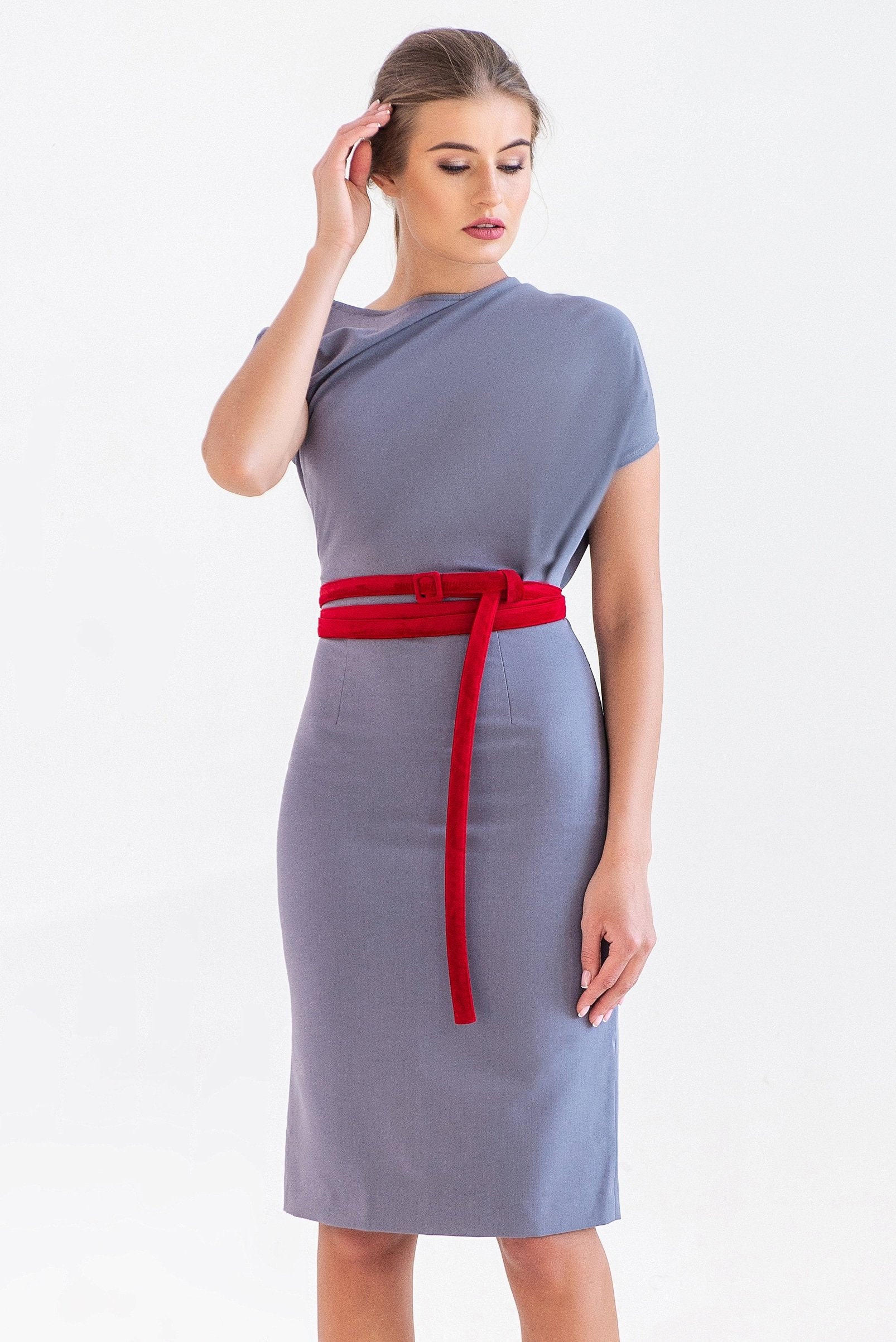 grey dress red belt 4 Star Dressing - Vintage 1950s Slate Grey & Red Plaid Cotton Day Dress