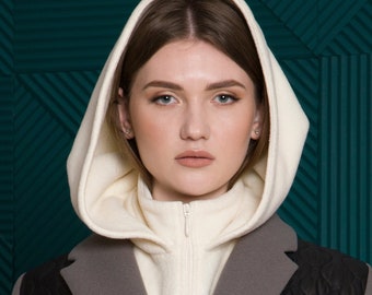 Hooded scarf, White mock collar, Gift for her Detachable Balaclava, Snood for women men Winter hat Front zip removable fleece hood TAVROVSKA
