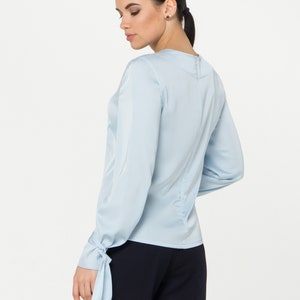 LAST SIZE 02 Us (36 Eu) Long sleeve Satin womens blouse, Blue Silk satin womens tops blouses, Scoop neck secretary blouse TAVROVSKA image 3