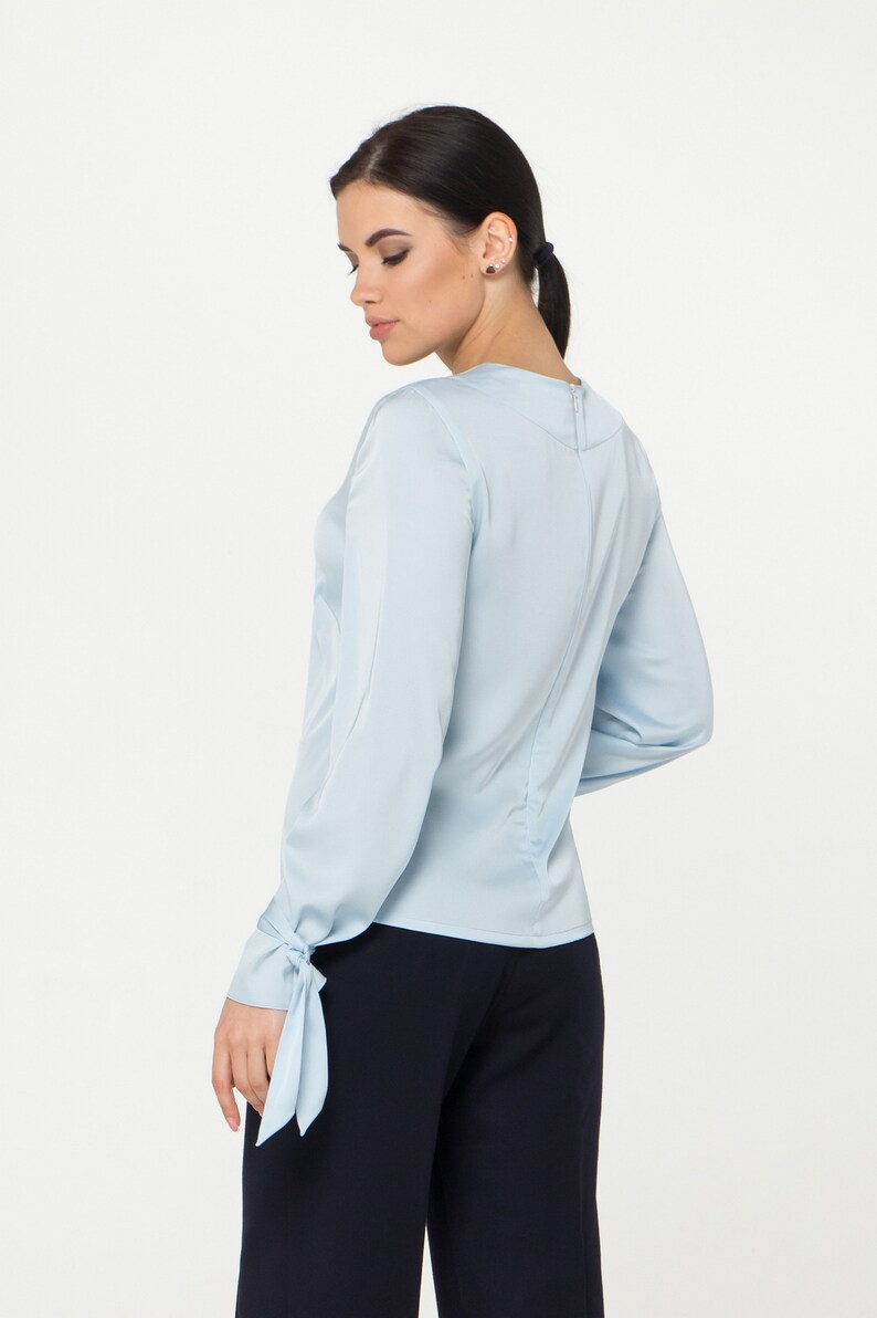 LAST SIZE 02 Us (36 Eu) Long sleeve Satin womens blouse, Blue Silk satin womens tops blouses, Scoop neck secretary blouse TAVROVSKA image 3