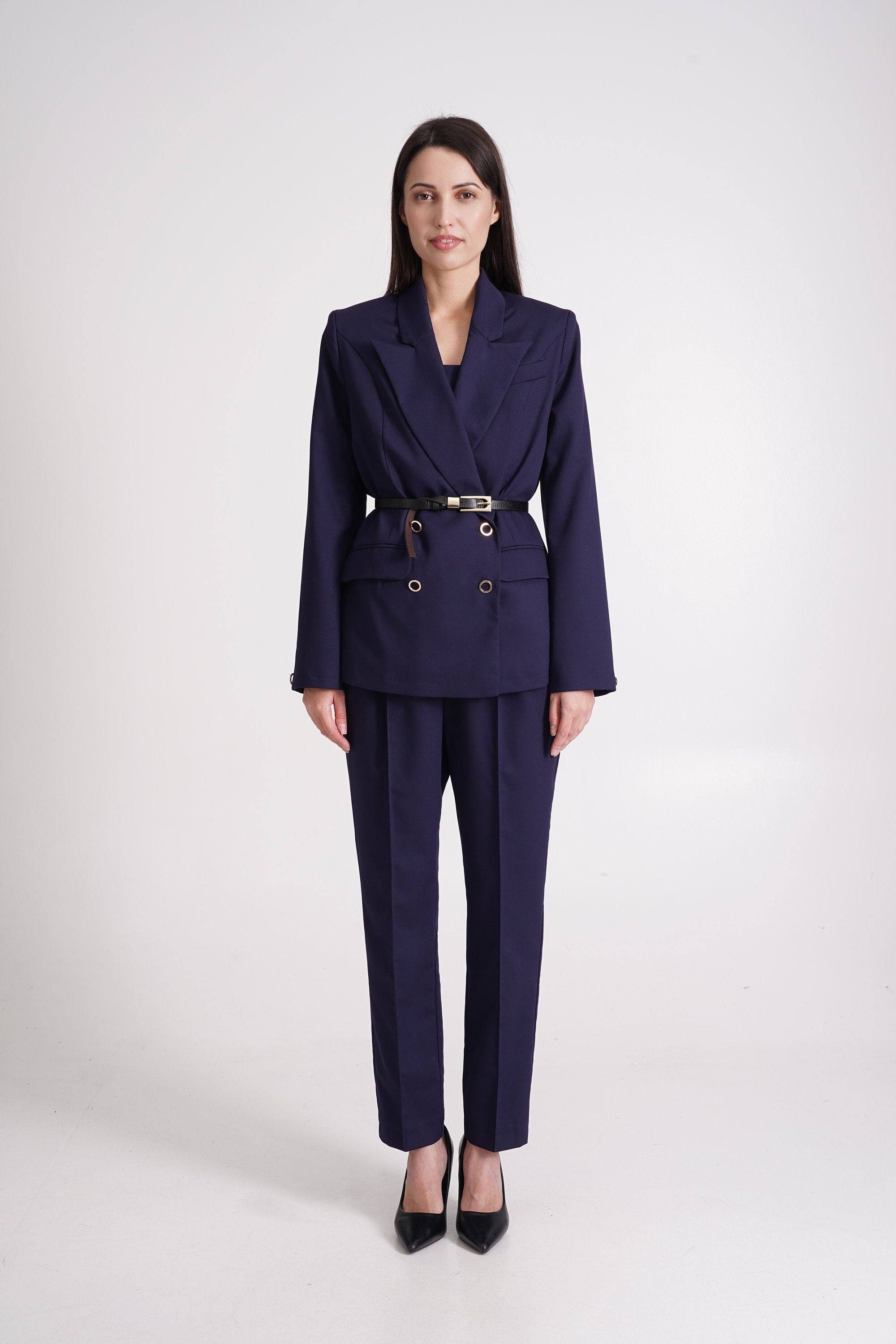 Navy Pant Suit Women Black Dressy Pant Suit 3 Piece Set Double breasted Blazer and Straight Pants Oversize Jacket and Pants TAVROVSKA Etsy