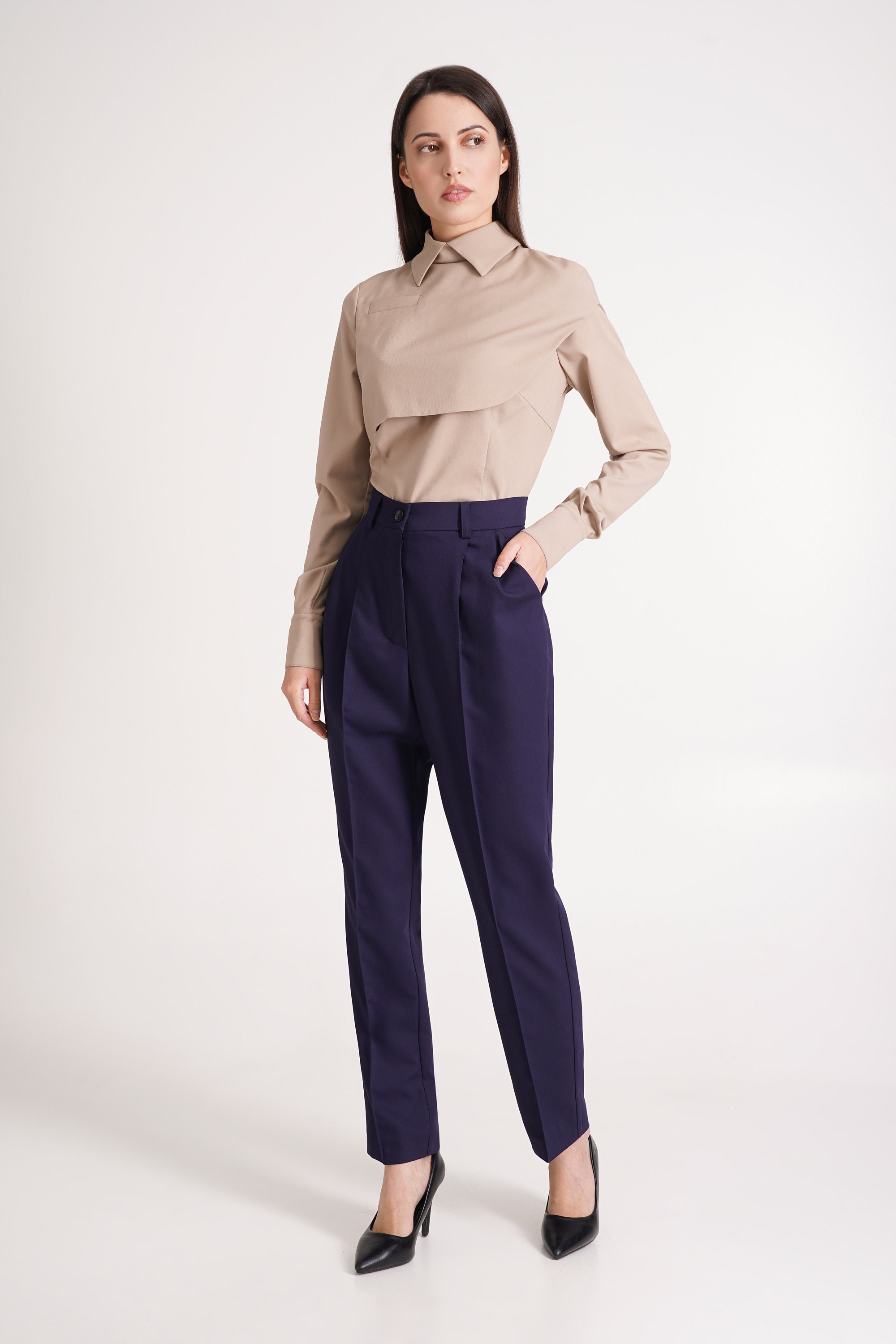 Navy Cigarette Pants, High Waist Tapered Dress Pants