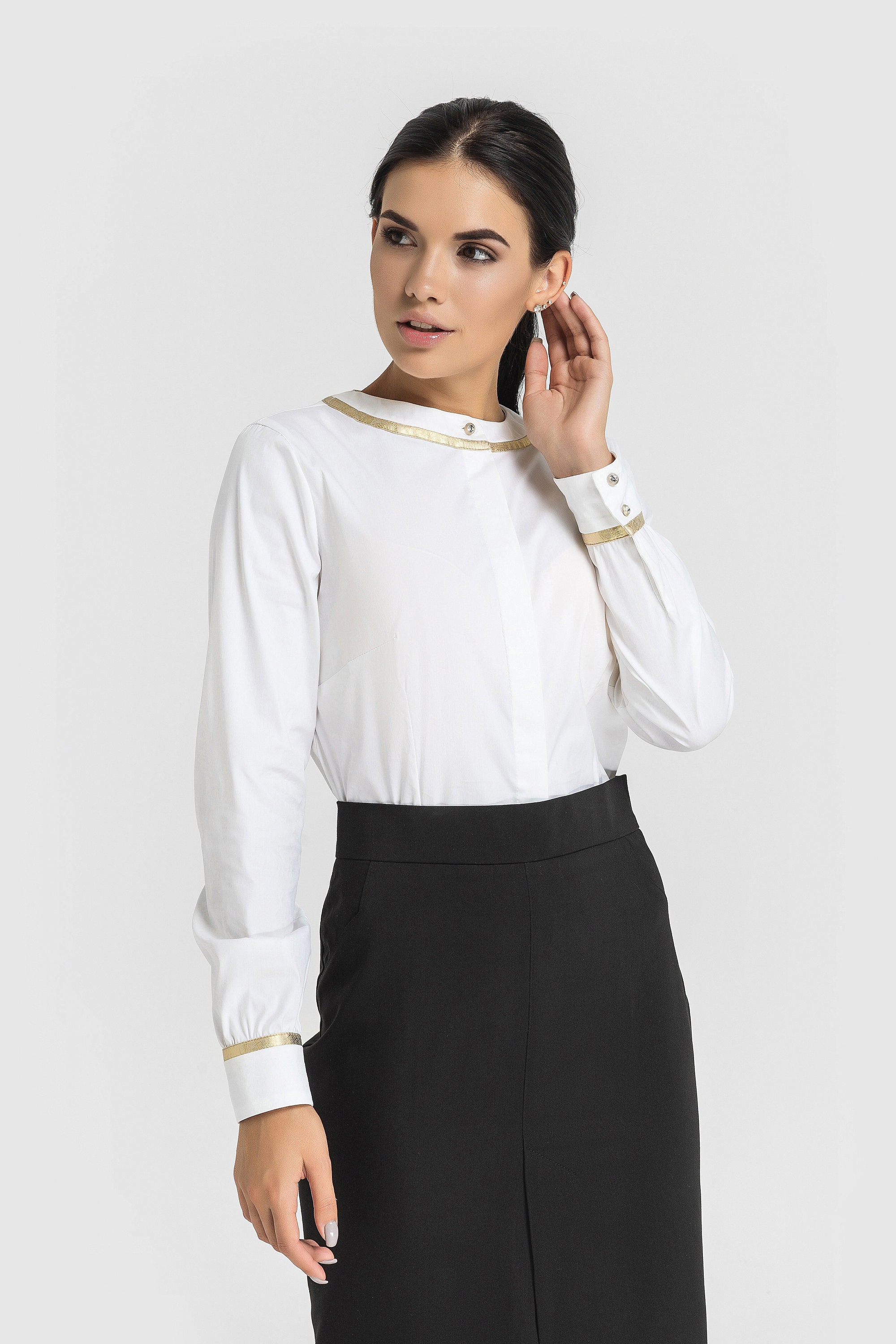 white high neck blouse