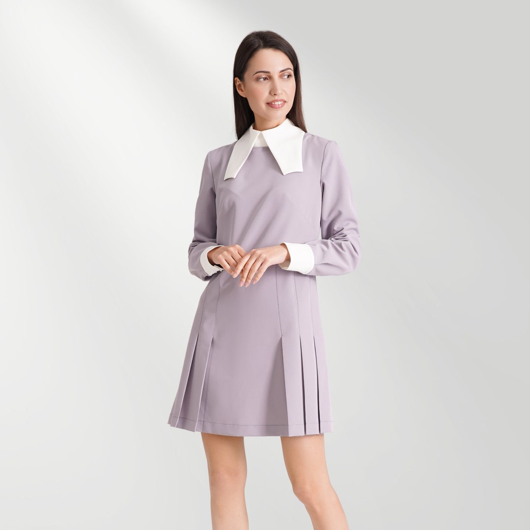 Gray Mini Dress, Long Sleeve Pleated A-Line, White Collar