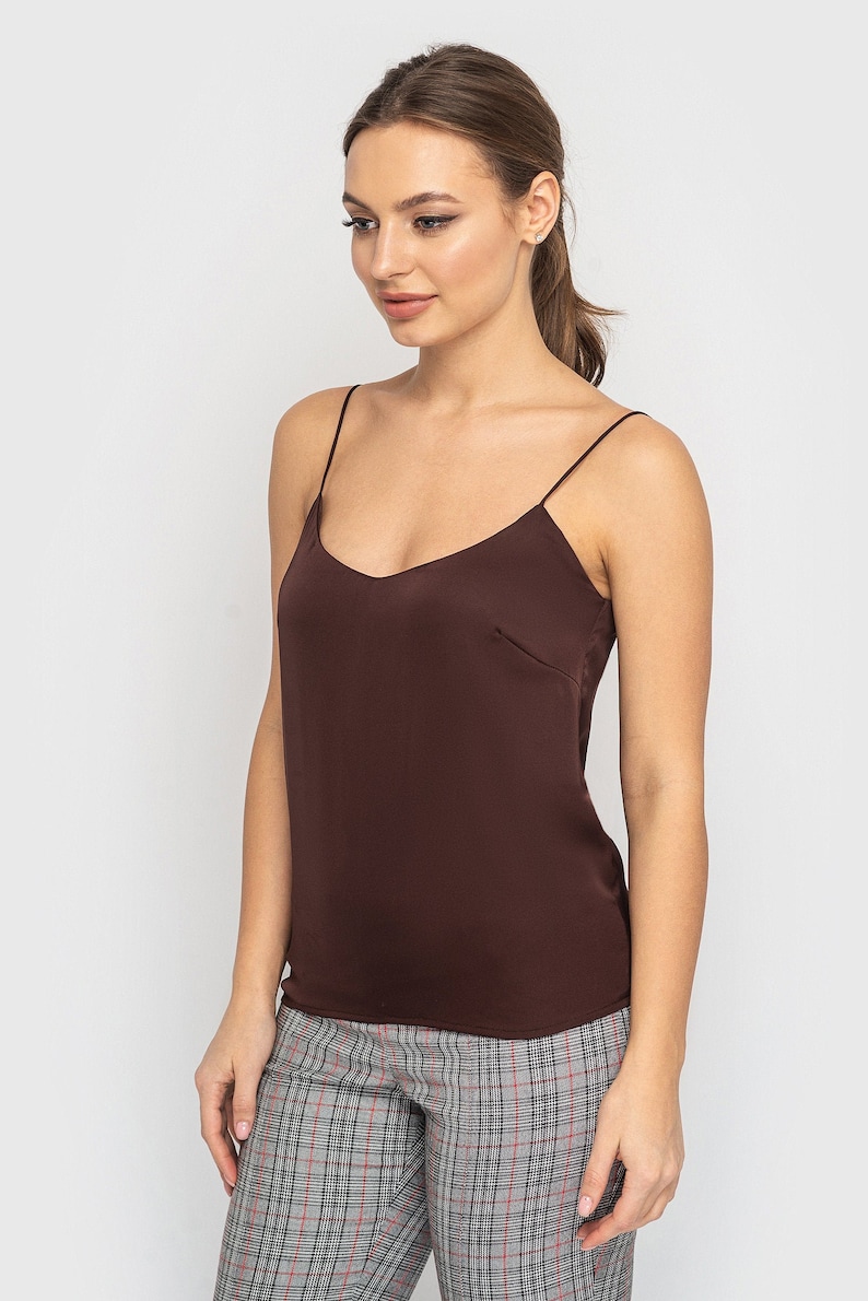 Camisole brown slip top, Silk satin tops for women, Bridesmaid Cami Spaghetti strap top, Cocktail tank top TAVROVSKA image 2