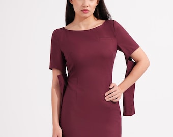 Burgundy Wedding Guest Dress Pencil Fall Mini Cut Out Sleeves Long Cocktail Dress Cape Sleeve Boat neck semi formal outfit Designer Chic