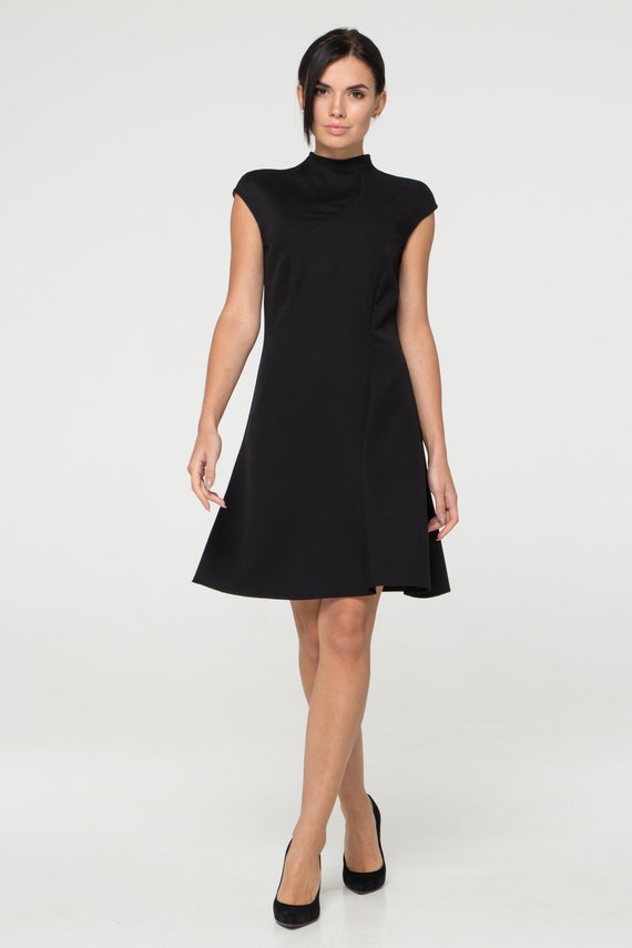 high neck black mini dress ASOS DESIGN clean long sleeve in Crafted in our stretch bonded crepe Diane Mini Dress - High
