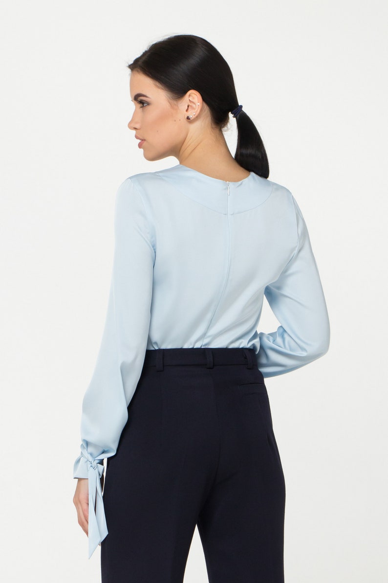 LAST SIZE 02 Us (36 Eu) Long sleeve Satin womens blouse, Blue Silk satin womens tops blouses, Scoop neck secretary blouse TAVROVSKA image 7