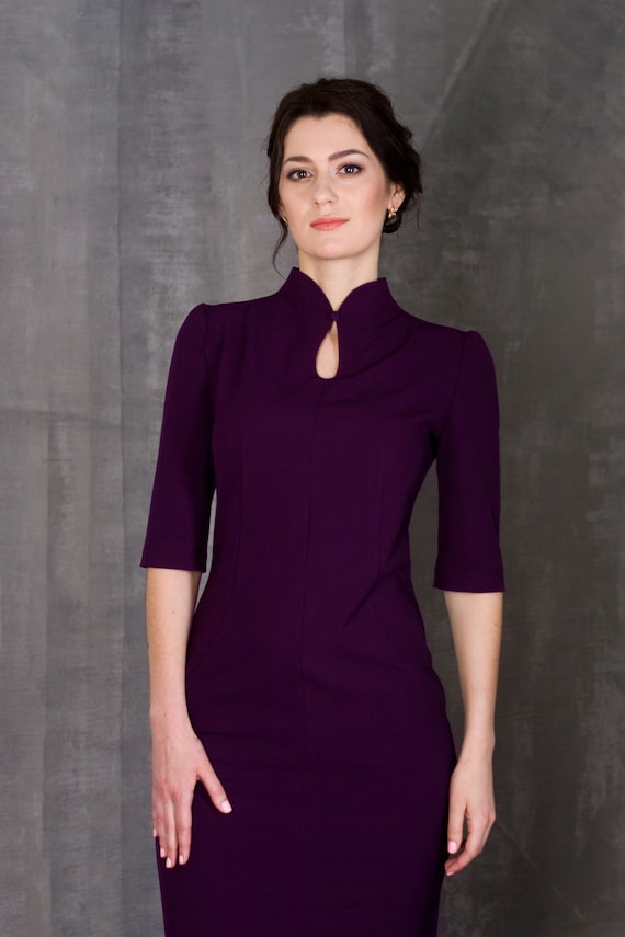 Purple High Neck Dress Midi, Women's Occasion Dresses, Classy Keyhole  Wiggle Dress With Sleeves, Elegant Party Dresses Berry Color TAVROVSKA -   Canada