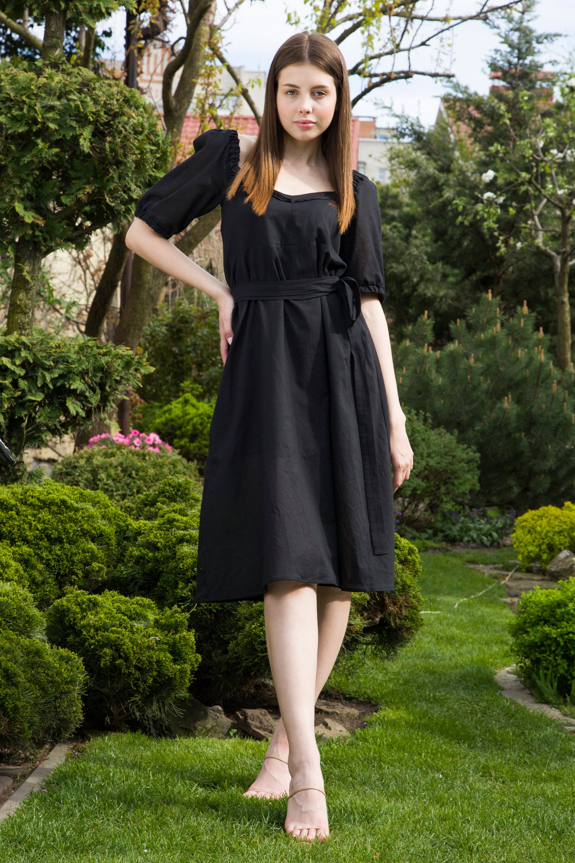 royal blue knee length dress with sleeves Royal Blue Cotton Poplin A-Line Detachable Sleeve Flared Midi Dress 62