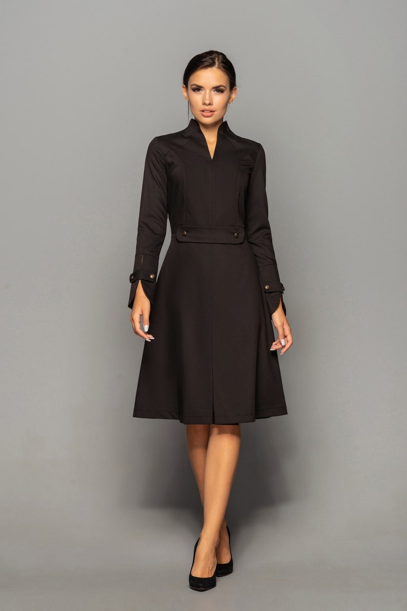 Black High Neck Midi Dress Women Long Sleeve Structured - Etsy