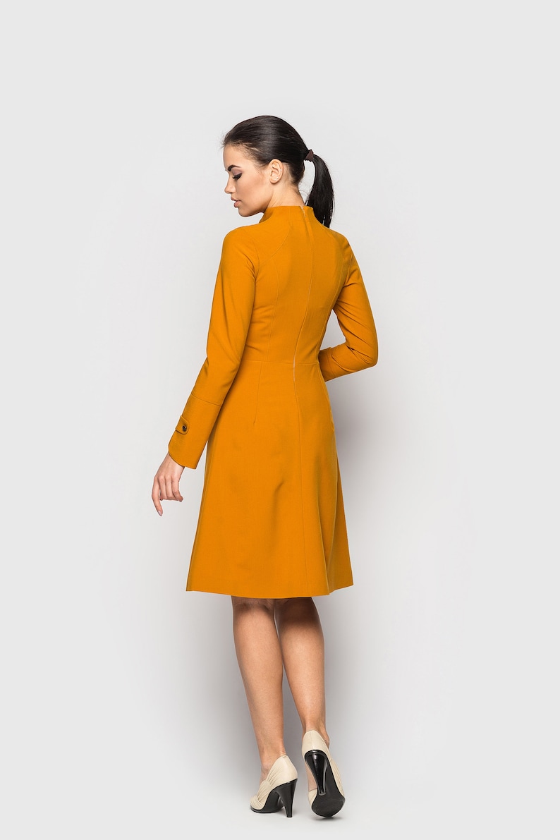 High neck cocktail structured dress Long sleeve office dresses for women Womens dresses for wedding guest Stand Collar midi dress TAVROVSKA image 6