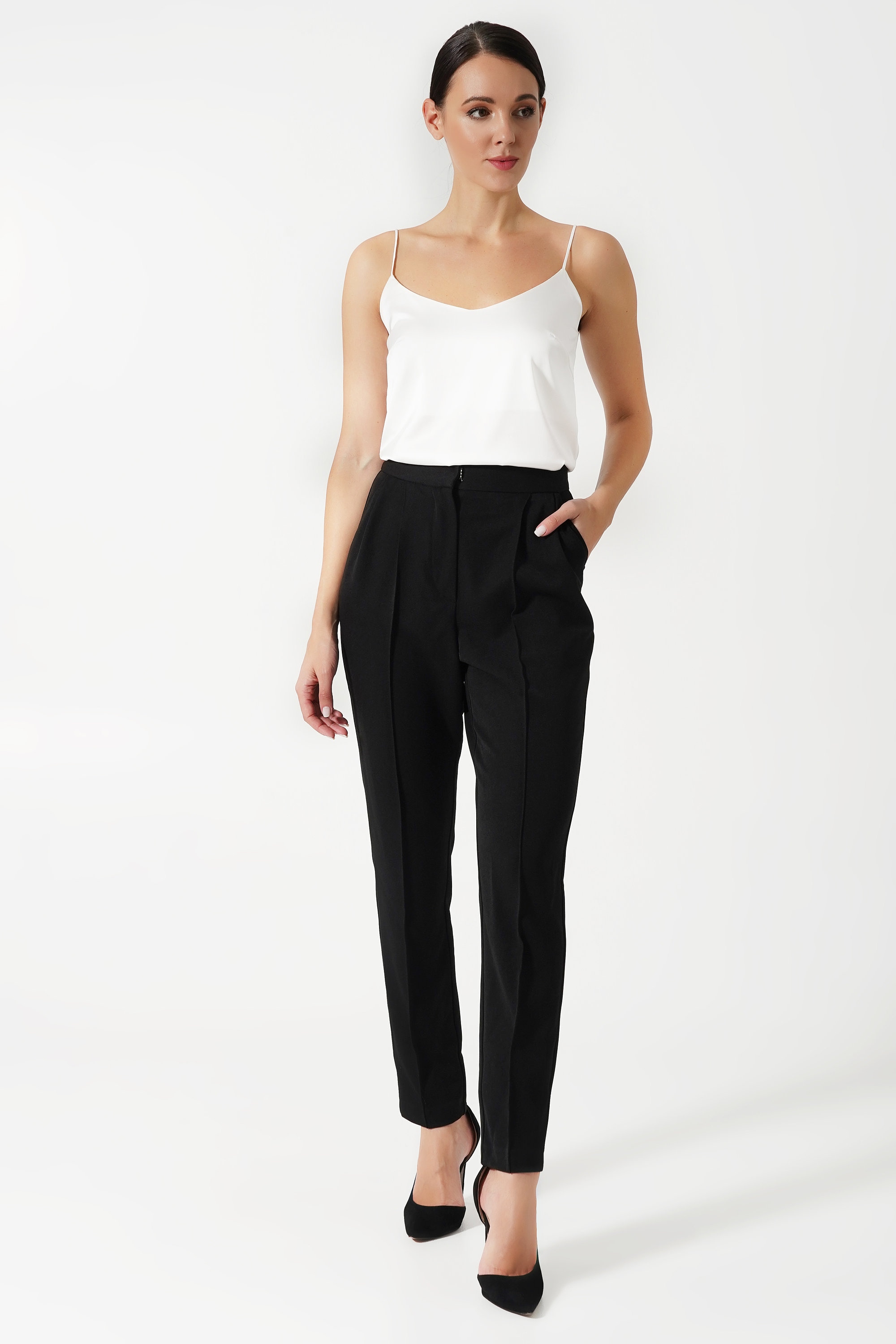 black tailored cigarette trousers Black High Waist Cigarette Pants, Tapered Ankle Work Trousers