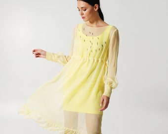 Pencil dress with the see through overlay, Two layer dresses for women, Yellow bird print sheer chiffon cover up cocktail dress TAVROVSKA