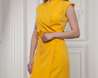 Yellow Midi Wrap Dress, High Neck Sleeveless Pencil Dress - Etsy