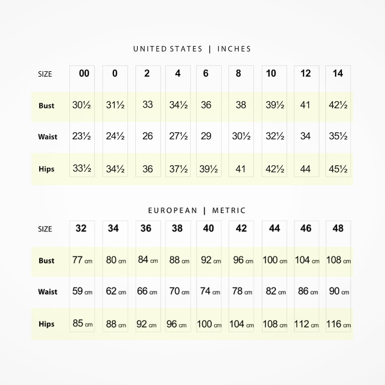 May include: Size chart for women's clothing in US and European sizes. The chart shows bust, waist, and hip measurements in inches and centimeters.